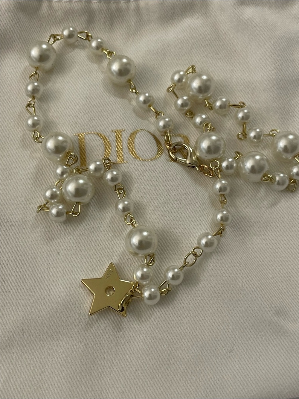 Dior Star Charm Repurposed Pendant Faux Pearl Necklace & Dior Drawstring Bag